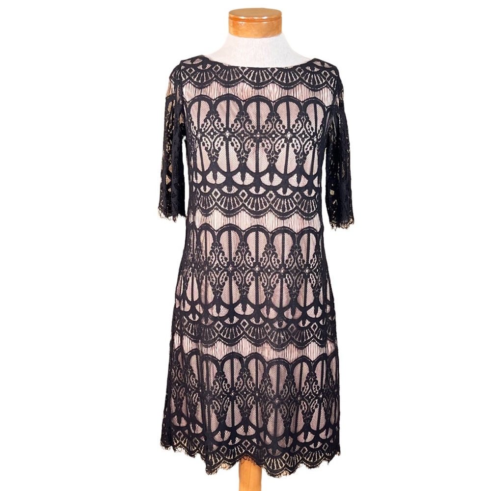 Eliza J. Black Lace Overlay Over Tan Lining Cocktail Special Occasion Dr…